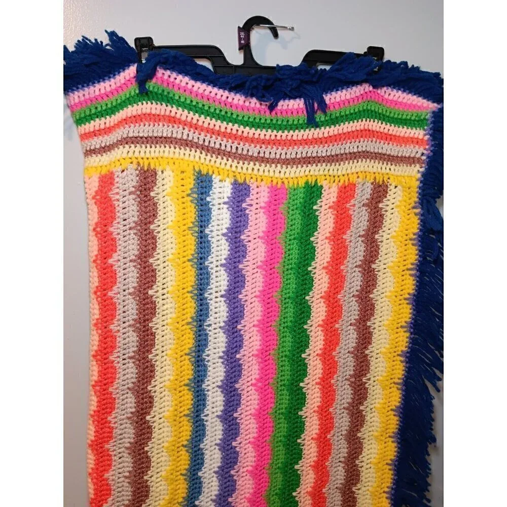 Vintage Handmade Granny Blanket Striped Scalloped Afghan Crochet Throw 50x65